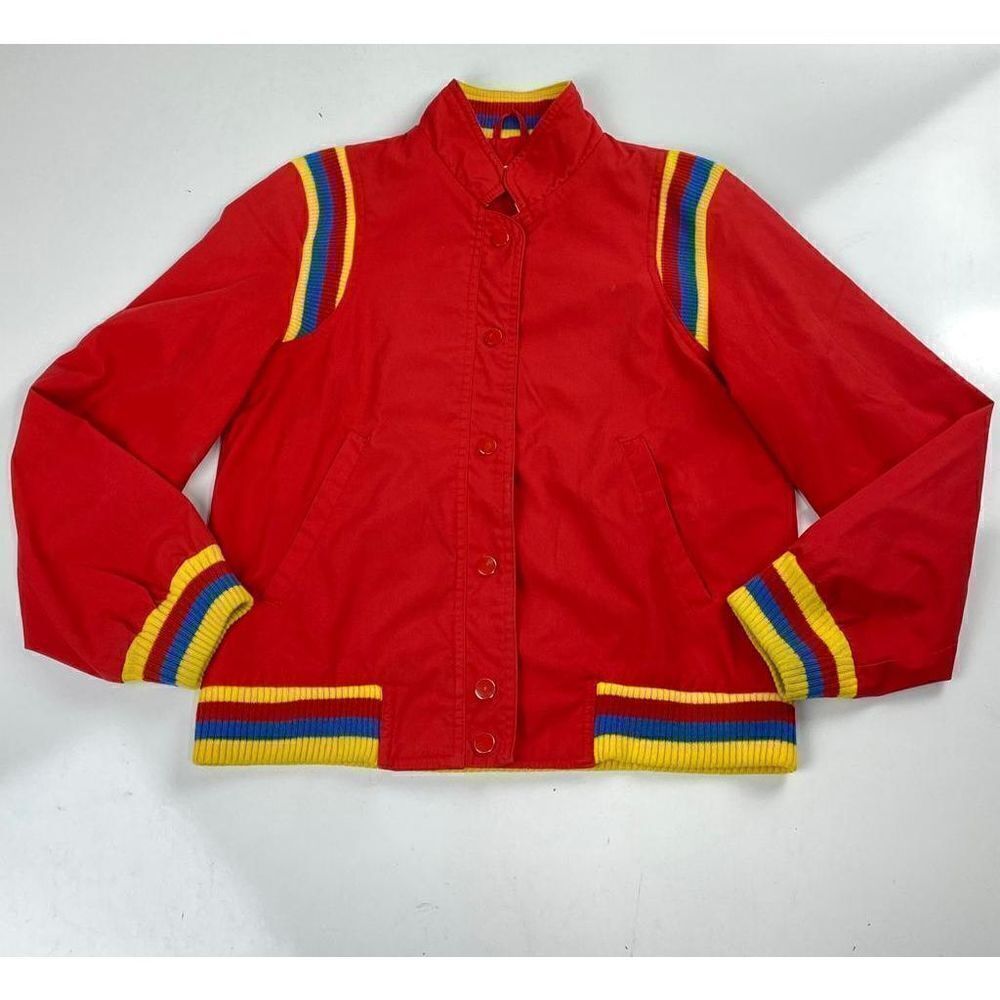 Vtg Varsity Bomber Snap Jacket Womens S Red Colorful Cuffs Retro Made in Korea B